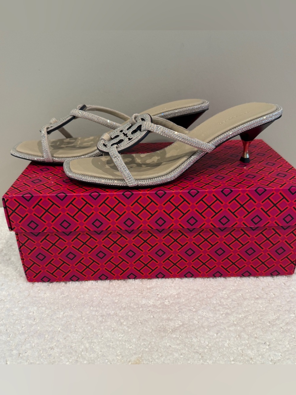 Crystal-Embellished Tory Burch Pave Geo Bombe Miller Low Heel Sandals - Picture 2 of 5